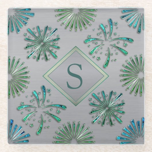Elegant Ornate Blue Green Pattern Monogram ガラスコースター (正面)