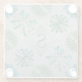 Elegant Ornate Blue Green Pattern Monogram ガラスコースター (裏面)