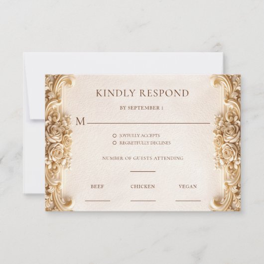 Elegant Ornate Gold Floral RSVP Response Card (正面)