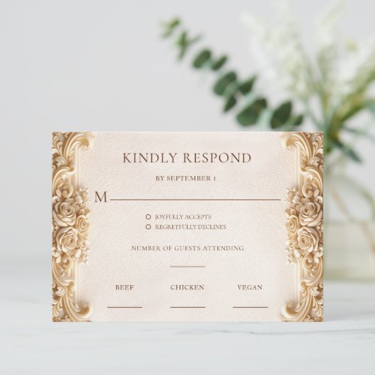 Elegant Ornate Gold Floral RSVP Response Card (スタンド正面)