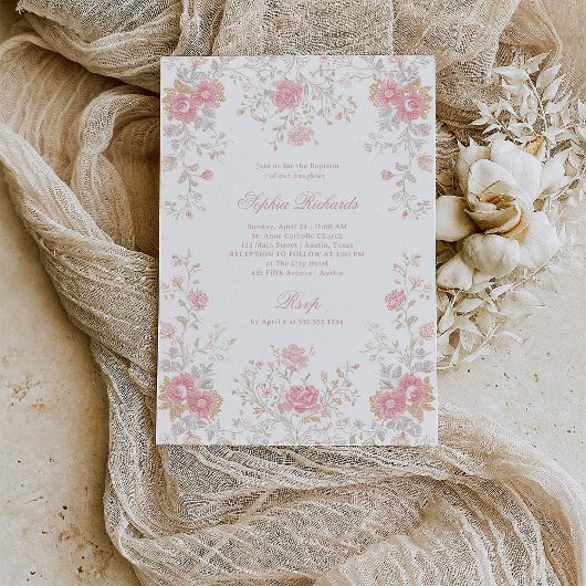 Elegant Ornate Pink Roses | Baptism 招待状