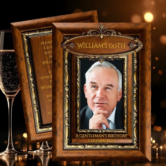 Elegant Ornate Rustic Gold Wood Photo Birthday men 招待状