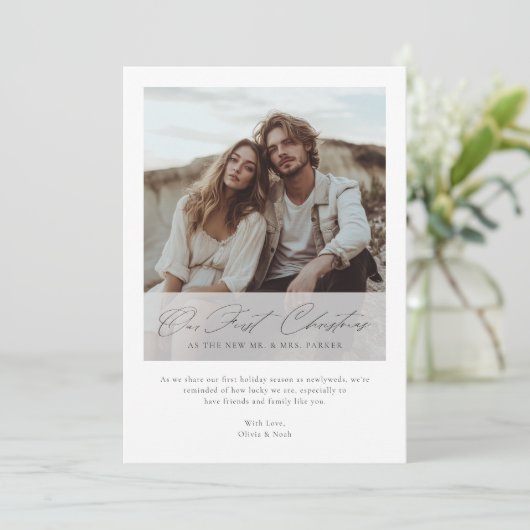 Elegant Our First Christmas Romantic Script Photo シーズンカード (スタンド正面)
