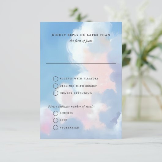 Elegant Painted Blue Sky Puffy Pink Clouds Wedding 出欠カード (スタンド正面)