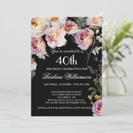 Elegant Painted Floral 40th Birthday Party 招待状 (スタンド正面)