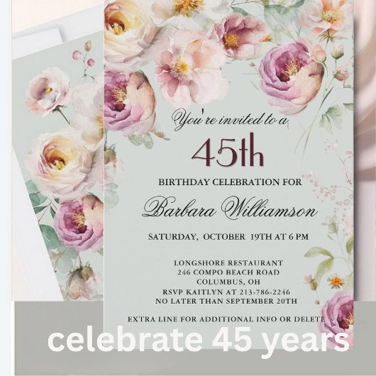 Elegant Painted Floral 45th Birthday Party 招待状