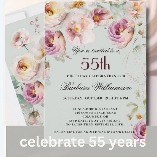 Elegant Painted Floral 55th Birthday Party 招待状