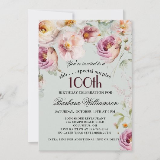 Elegant Painted Floral Surprise 100th Birthday  招待状 (正面)
