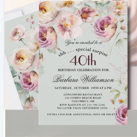 Elegant Painted Floral Surprise 40th Birthday  招待状