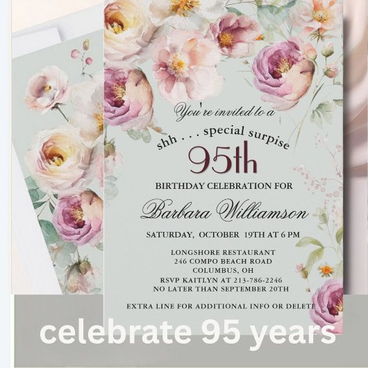 Elegant Painted Floral Surprise 95th Birthday  招待状