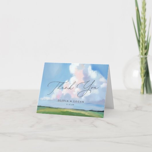 Elegant Painted Landscape Blue Sky Clouds Wedding サンキューカード (正面)