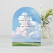 Elegant Painted Landscape Blue Sky Clouds Wedding 招待状 (スタンド正面)