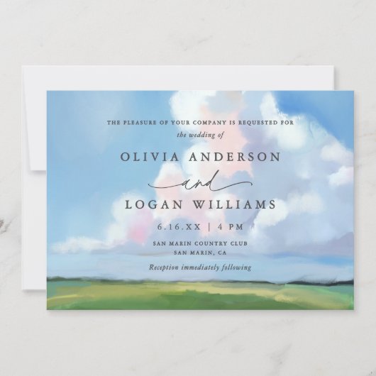 Elegant Painted Landscape Blue Sky Clouds Wedding 招待状 (正面)