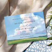 Elegant Painted Landscape Blue Sky Clouds Wedding 招待状