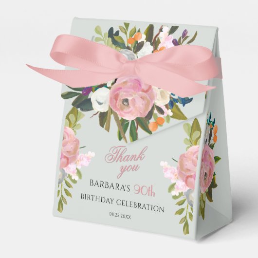 Elegant Painted Pink Floral 90th birthday favors  フェイバーボックス (正面サイド)