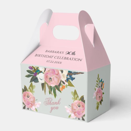 Elegant Painted Pink Floral 90th birthday favors フェイバーボックス (裏面サイド)