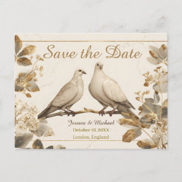 Elegant Pair of Doves on a Branch with Gold Leaf 案内ポストカード