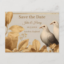Elegant Pair of Doves with Gold Leaf Save the Date ポストカード