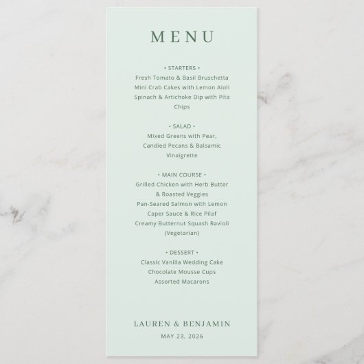 Elegant Pale Green Menu Template メニュー (正面)