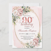 Elegant Pale Pink Gold Eucalyptus 90th Birthday  招待状 (正面)