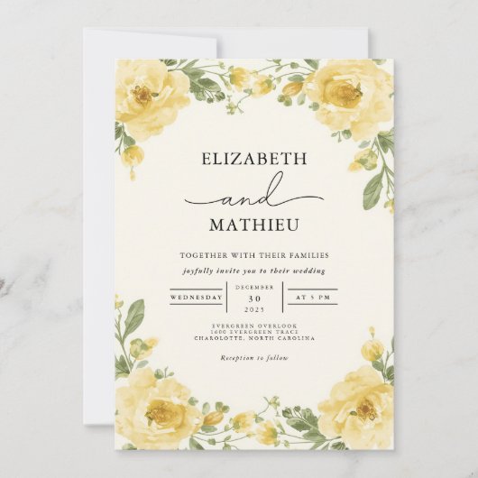 Elegant Pale Yellow Botanical Floral Wedding 招待状 (正面)