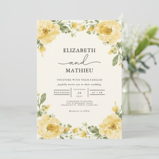 Elegant Pale Yellow Botanical Floral Wedding 招待状 (スタンド正面)