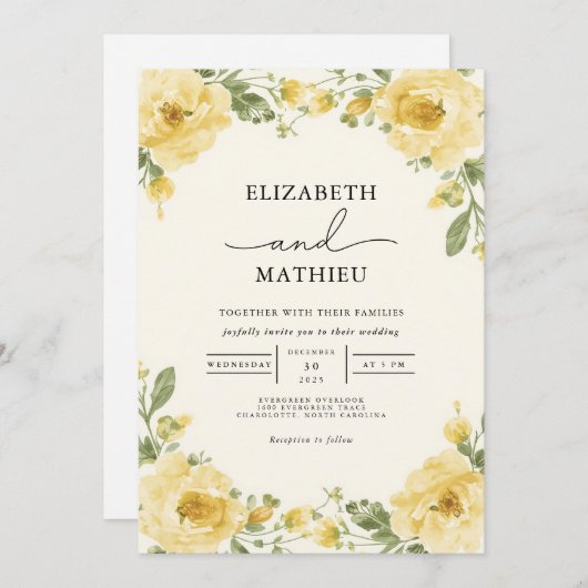 Elegant Pale Yellow Botanical Floral Wedding 招待状 (正面/裏面)
