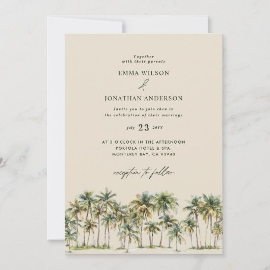 Elegant Palm Tree Wedding Invitation with QR Code 招待状 (正面)