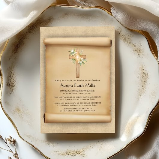 Elegant Parchment Cross Baptism  招待状