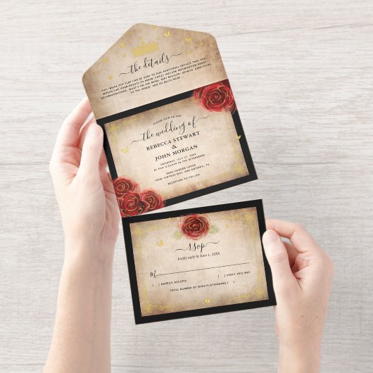 Elegant Parchment Red Rose Wedding Real Gold Foil オールインワン招待状 (切り取り部)