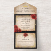 Elegant Parchment Red Rose Wedding Real Gold Foil オールインワン招待状 (内側)