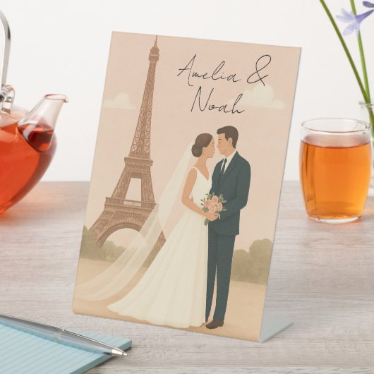 Elegant Paris Wedding Pedestal Sign with Eiffel  台座サイン (インサイチュ)