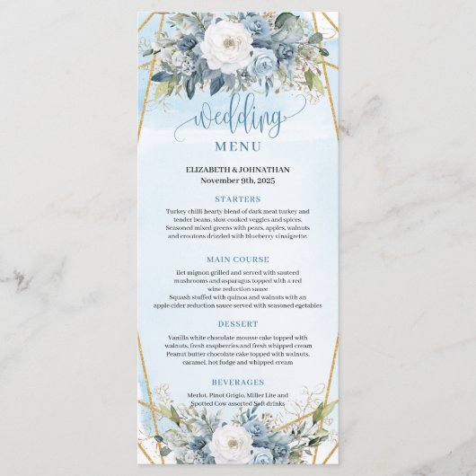 Elegant Pastel Blue Eucalyptus Floral Wedding Menu メニュー (正面)