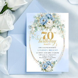 Elegant Pastel Blue Flowers 70th Birthday Invites 招待状