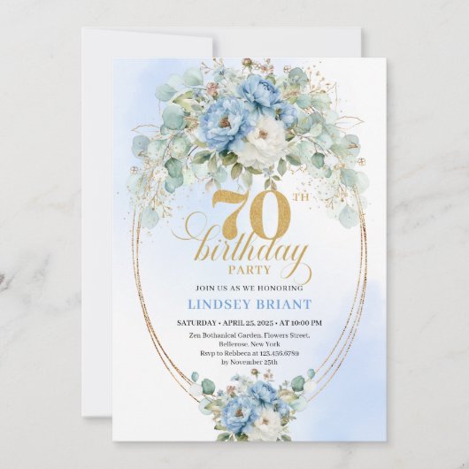 Elegant Pastel Blue Flowers 70th Birthday Invites 招待状 (正面)