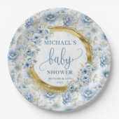 Elegant pastel blue flowers gold boy baby shower  ペーパープレート (正面)