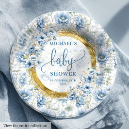 Elegant pastel blue flowers gold boy baby shower  ペーパープレート