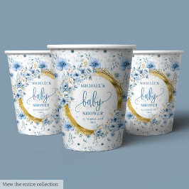 Elegant pastel blue flowers gold boy baby shower  紙コップ
