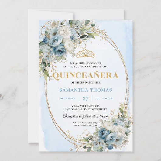 Elegant Pastel Blue Gold Eucalyptus 15th Birthday 招待状 (正面)