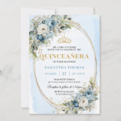 Elegant Pastel Blue Gold Eucalyptus Quinceañera 招待状 (正面)