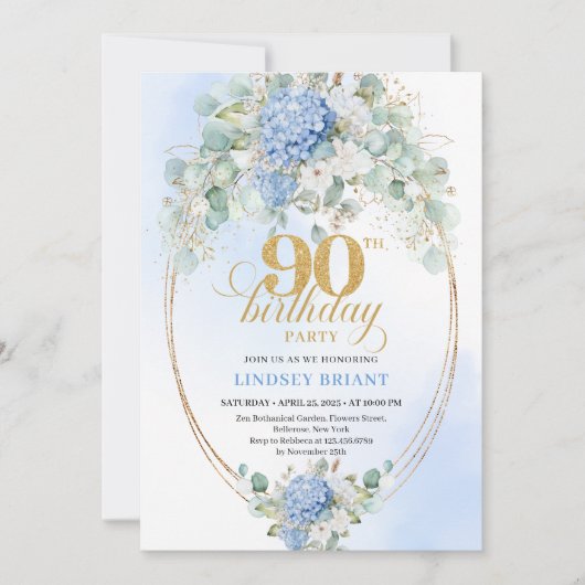 Elegant Pastel Blue Hydrangea 90th Birthday Invite 招待状 (正面)