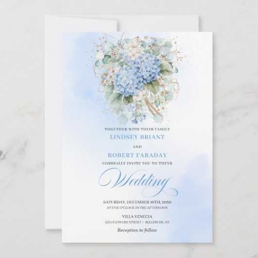 Elegant Pastel Blue Hydrangea Wedding Invitation 招待状 (正面)