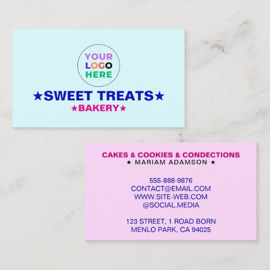 Elegant Pastel Blue & Pink Color | Bakery Logo 名刺 (正面/裏面)