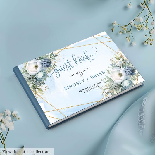 Elegant Pastel Blue White Gold Floral Guest Book ゲストブック