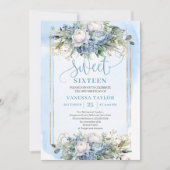Elegant Pastel Blue White Gold Floral Sweet 16  招待状 (正面)