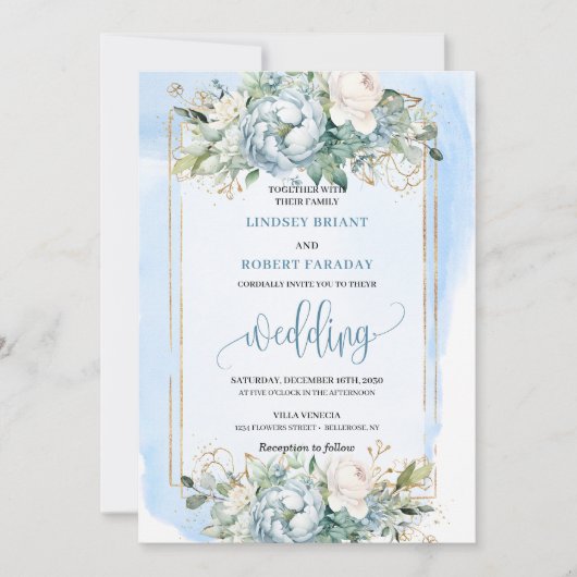 Elegant Pastel Blue White Gold Peonies Invitation 招待状 (正面)