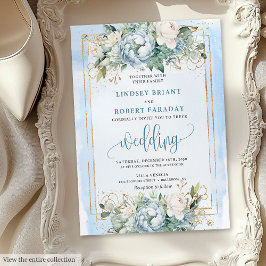 Elegant Pastel Blue White Gold Peonies Invitation 招待状