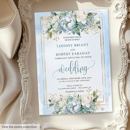 Elegant Pastel Blue White Gold Peonies Invitation 招待状
