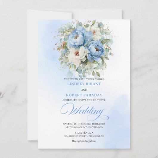 Elegant Pastel Blue White Peony Gold Wedding Invit 招待状 (正面)