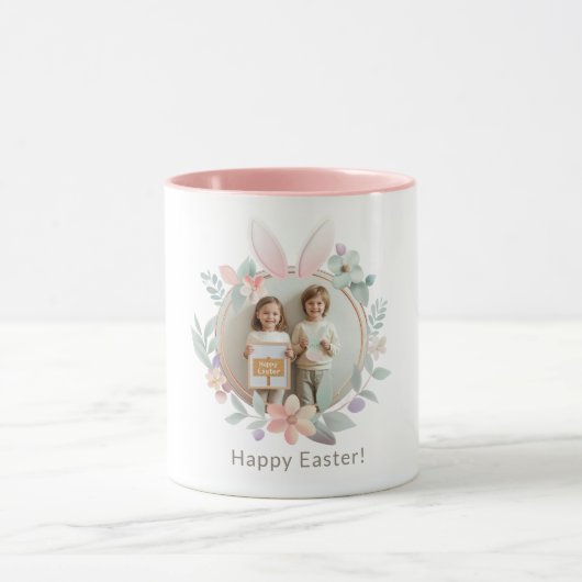 Elegant Pastel Easter Photo Mug with Bunny Frame マグカップ (中央)